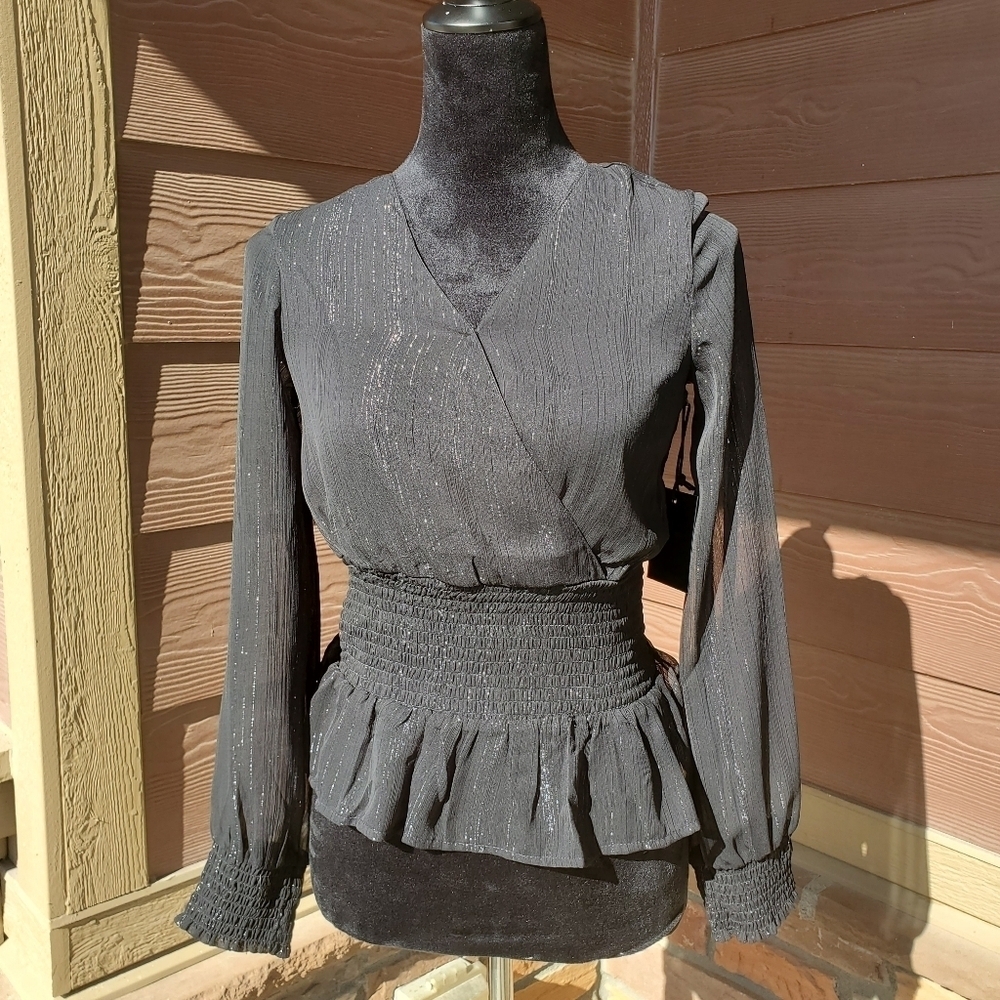 NWT Japna Smocked Surplice Blouse Top Size XS Black Silver Metallic Stripes